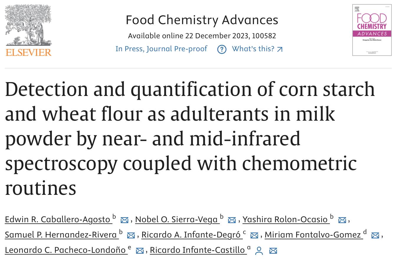 Research Paper from Prof. Infante and Students was Accepted in Journal of Food Chemistry Advances